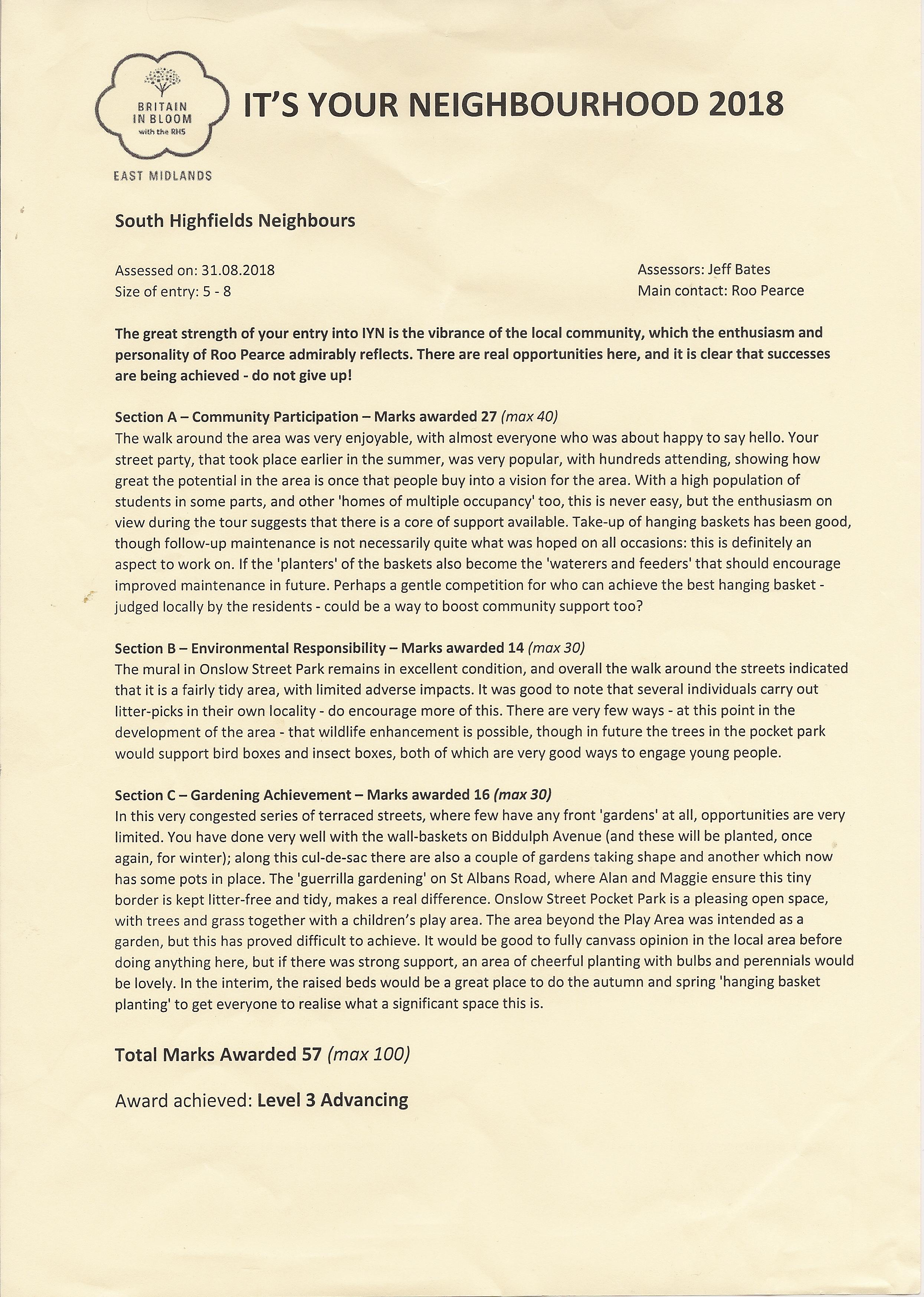 Highfields in Bloom assessment