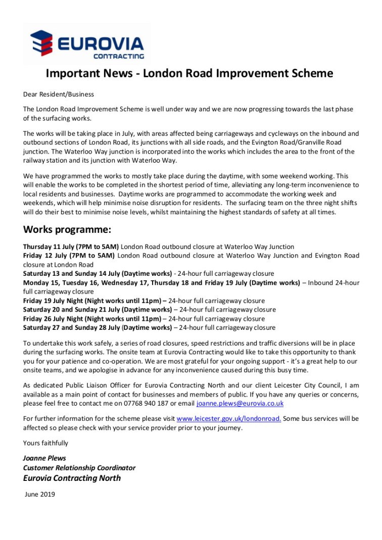 London Rd July 2019 surfacing closures - Stakeholders